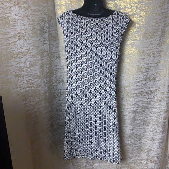 Max Studio Blue/White Geometric Print Sleeveless Midi Length Dress Size L - Picture 7 of 11